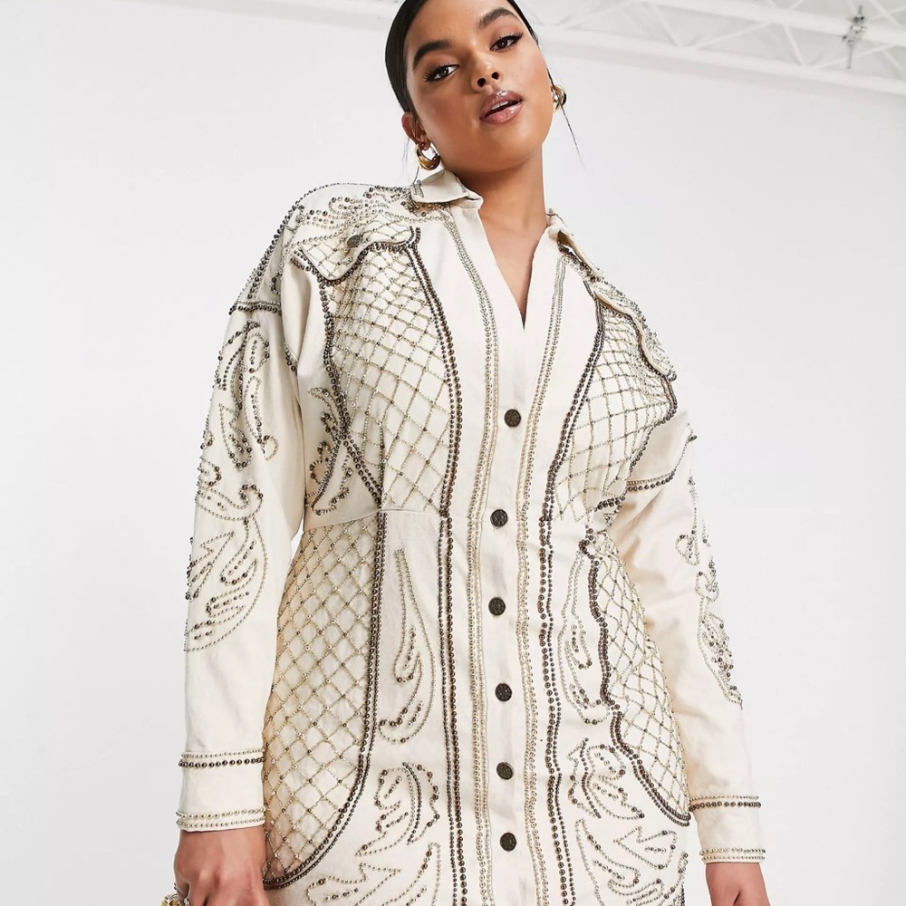 Cream Embellished Button-Front Shirt Dress